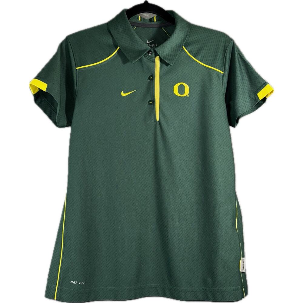 Nike Dri Fit Womens Medium Team Oregon Ducks Green Polo Coach Shirt Short Sleeve